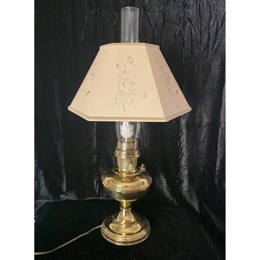 VTG Aladdin 12 Brass Oil to Electric Lamp, Lox-on Chimney & Cut-out Floral Shade